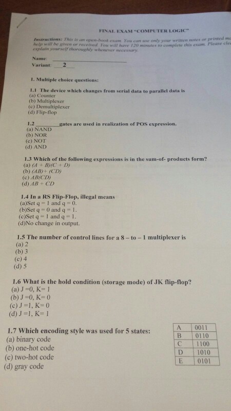 FINAL EXAM -COMPUTER LOGIC Instructionsz This is an open-book exum You cam use only your written notes or printed u help will be ziven or received You will have 120 minutes to complete this exam. Please cle explain yourself thoroughly whenever necessary Name: Variant 2 1. Multiple choice questions: 1.1 The device which changes from serial data to parallel data is (a) Counter (b) Multiplexer (c) Demultiplexer (d) Flip-flop 1.2 (b) NOR (c) NOT gates are used in realization of POS expression. (a) NAND (d) AND 1.3 Which of the following expressions is in the sum-of- products 

<div class=