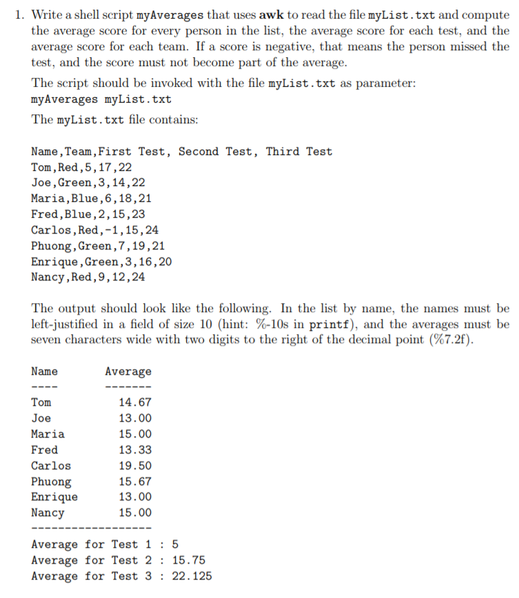 1. Write a shell script myAverages that uses awk to read the file myList.txt and compute the average score for every person i