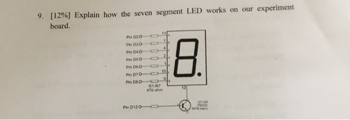 9. [129%] Explain how the seven segment LED works on our experiment board. Pin 020-o Pin DS Pin D7 R1-R7 470 om 01-04 Pin D12