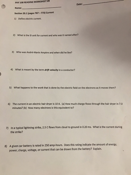 Solved Phy 108 Reading Worksheet Name Section 20 1 Pages Chegg Com