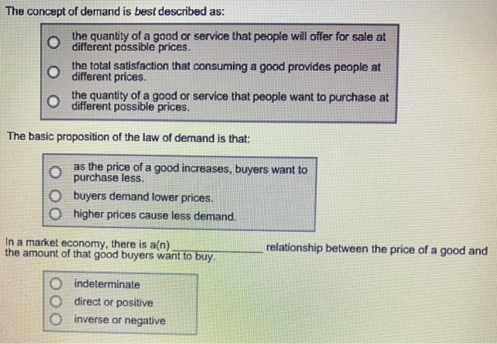 Solved The concept of demand is best described as: the | Chegg.com