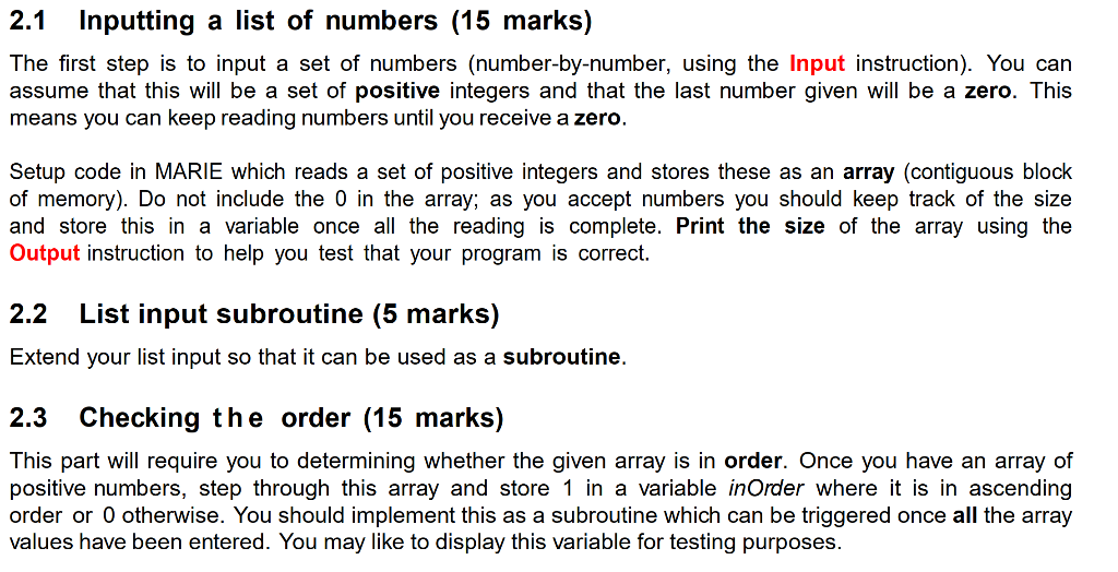 2.1 Inputting a list of numbers (15 marks) The first step is to input a set of numbers (number-by-number, using the Input ins