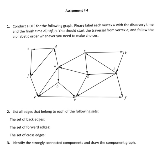 Assignment # 4 Conduct a DFS for the following graph. Please label each vertex u with the discovery time and the finish time