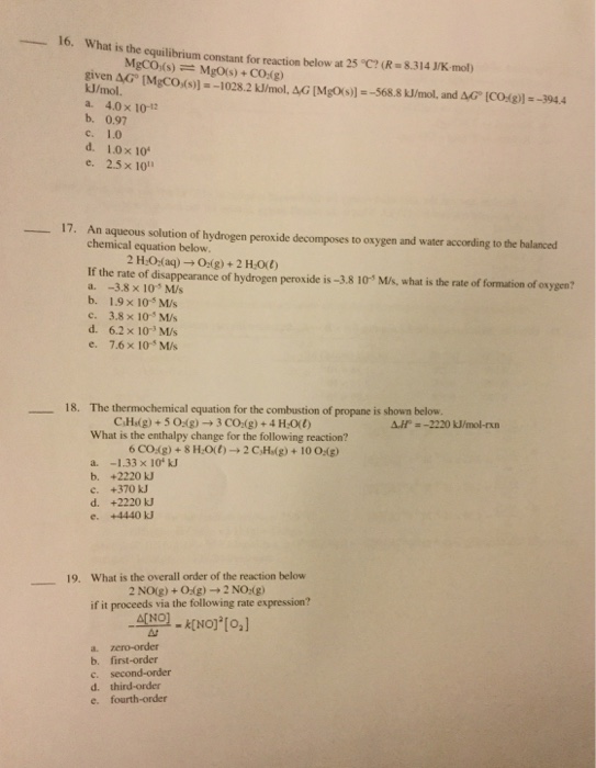 Solved 16 What Is The Equilibrium Constant For Reaction Chegg Com