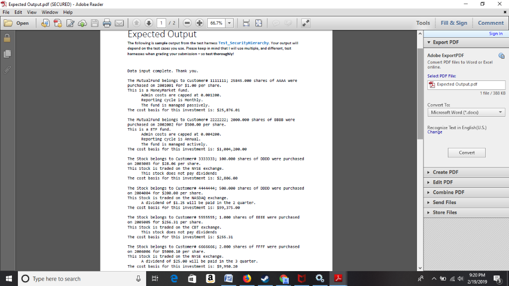 フ. Expected Output.pdf (SECURED-Adobe Reader File Edit View Window Help 66796 | ▼ Tools Fill 8 Sign Comment xpected Output Si