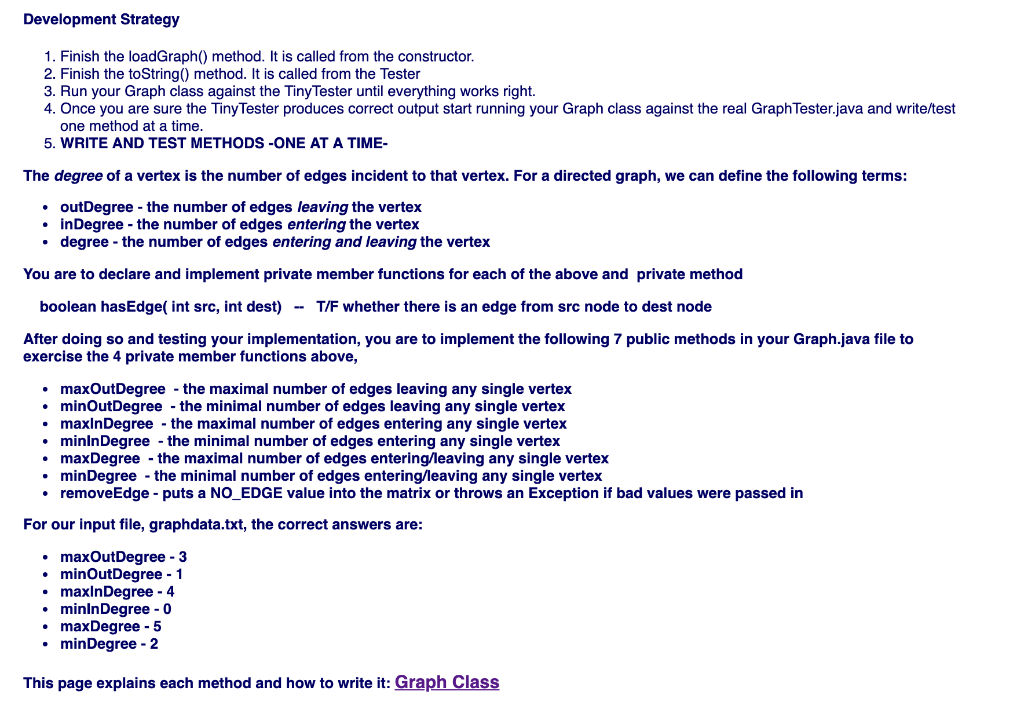 Development Strategy 1. Finish the loadGraph method. It is called from the constructor 2. Finish the toString) method. It is