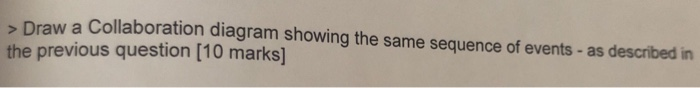 > Draw a Collaboration diagram showing the same sequence of events- as described in the previous question [10 marks]