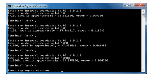 LCAwindowslsystem321cmd.exe Enter the interval boundaries a,bl: 1.0 2.0 Enter a number of subintervals: 10 -18. area is appro