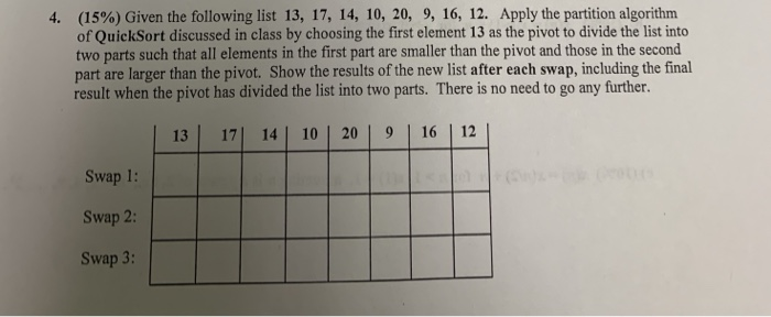 (15%) Given the following list 13, 17, 14, 10, 20, of QuickSort discussed in class by choosing the first element 13 as the pi