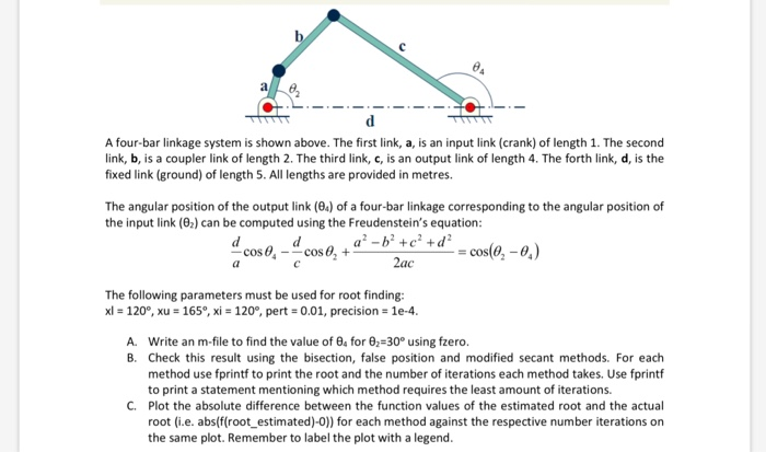 A four-bar linkage system is shown above. The first link, a, is an input link (crank) of length 1. The second link, b, is a c