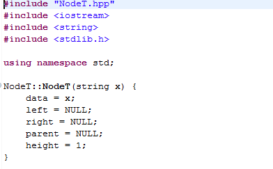 include NodeT.hpp #include <iostream> #include <string> #include <stdlib.h> using namespace std: NodeT: :NodeT (string x) d