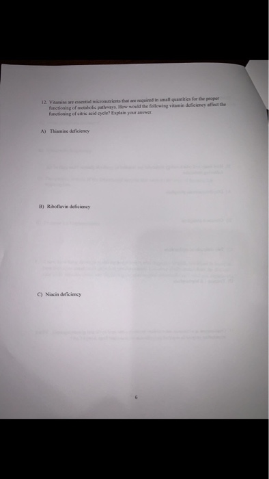 12. Vitamins are essential micronutrients that ane required in small quantities for the propet anctioning of metsbolic pathways. How would the following v functioning of citric acid scycle? Explain your answer vitamin deficiency affect the A) Thiamine deficiency B) Riboflav in deficiency C) Niacin deficiency