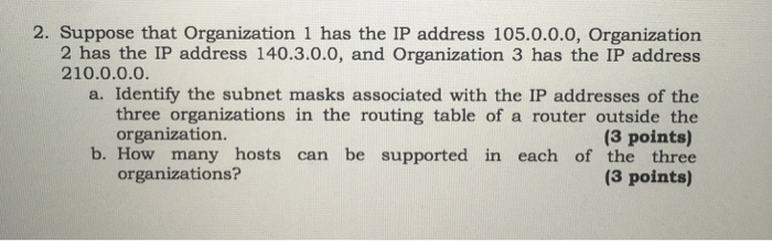 2. Suppose that Organization 1 has the IP address 105.0.0.0, Organization 2 has the IP address 140.3.0.0, and Organization 3