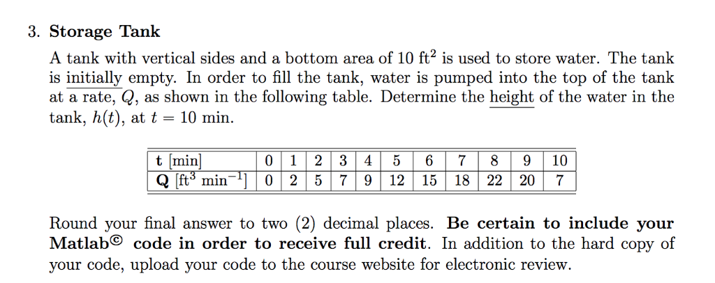 3. Storage Tank A tank with vertical sides and a bottom area of 10 ft is used to store water. The tank is initially empty. In