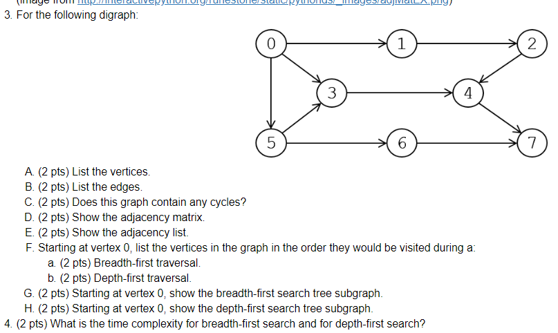 3. For the following digraph 2 3 5 6 A. (2 pts) List the vertices. B. (2 pts) List the edges. C. (2 pts) Does this graph cont