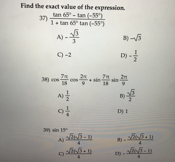 Solved Find The Exact Value Of The Expression. Tan 65 Deg