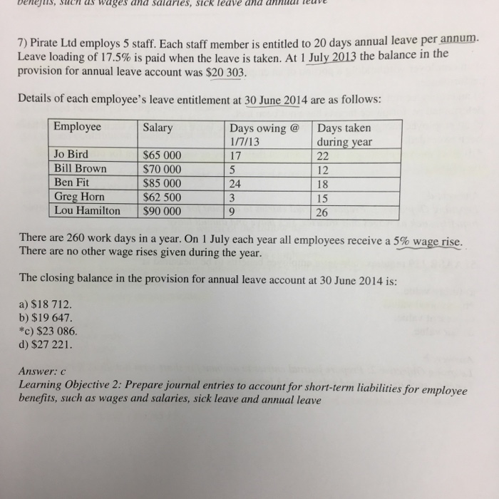 DenejtiS, Stuch ds wages and salaries, sick leave ana annal tev 7) Pirate Ltd employs 5 staff. Each staff member is entitled to 20 days annual leave per annum. Leave loading of 17.5% is paid when the leave is taken. At 1 July 2013 the balance in the provision for annual leave account was $20 303. Details of each employees leave entitlement at 30 June 2014 are as follows: ESaluaya araceca Employee Days owingDays taken 17 24 during year Jo Bird Bill Brown Ben Fit Greg Horn $62 500 Lou Hamilton $90 0009 $65 000 $70 000 $85 000 12 18 15 26 There are 260 work days in a year. On 1 July each year all employees receive a 5%wage rise. There are no other wage rises given during the year. The closing balance in the provision for annual leave account at 30 June 2014 is: a) $18 712. b) $19 647 c) $23 086. d) $27 221. Answer: c Learning Objective 2: Prepare journal entries to account for short-term liabilities for employee benefits, such as wages and salaries, sick leave and annual leave
