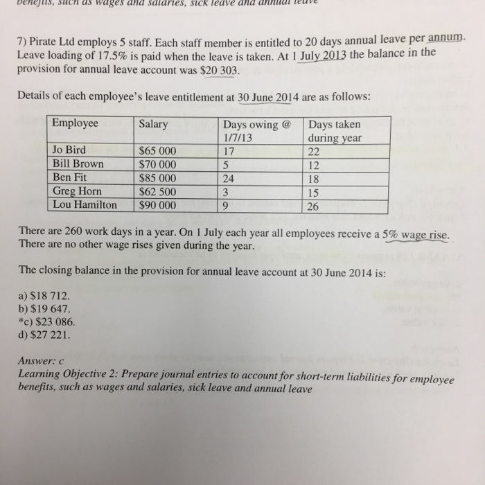 Question & Answer: Pirate Ltd employs 5 staff. Each staff member is entitled to 20 days annual leave per annum Leave loading of 17.5% is paid when the leave is taken. At 1 Ju..... 1 DenejtiS, Stuch ds wages and salaries, sick leave ana annal tev 7) Pirate Ltd employs 5 staff. Each staff member is entitled to 20 days annual leave per annum. Leave loading of 17.5% is paid when the leave is taken. At 1 July 2013 the balance in the provision for annual leave account was $20 303. Details of each employees leave entitlement at 30 June 2014 are as follows: ESaluaya araceca Employee Days owingDays taken 17 24 during year Jo Bird Bill Brown Ben Fit Greg Horn $62 500 Lou Hamilton $90 0009 $65 000 $70 000 $85 000 12 18 15 26 There are 260 work days in a year. On 1 July each year all employees receive a 5%wage rise. There are no other wage rises given during the year. The closing balance in the provision for annual leave account at 30 June 2014 is: a) $18 712. b) $19 647 c) $23 086. d) $27 221. Answer: c Learning Objective 2: Prepare journal entries to account for short-term liabilities for employee benefits, such as wages and salaries, sick leave and annual leave