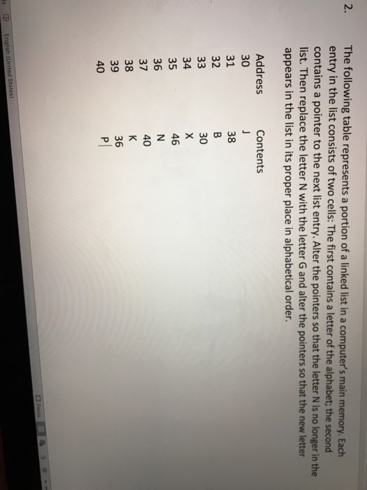 The following table represents a portion of a linked list in a computers main memory. Each entry in the list consists of two