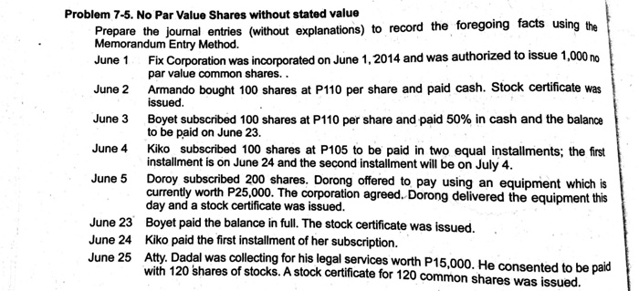 Solved Problem 7 5 No Par Value Shares Without Stated Va