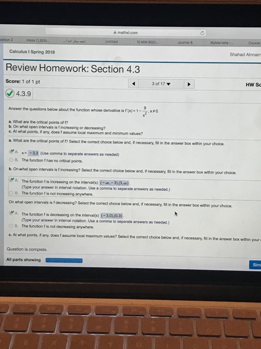 Solved Mathxl.com Min Calculus I Spring 2018 Review | Chegg.com