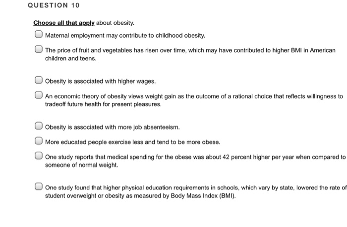 Solved Question 10 Choose All That Apply About Obesity Ma