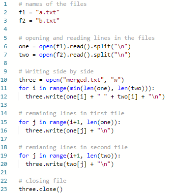 1 # names of the files 2 f1a.txt 3 f2= b.txt 4 # opening and reading lines in the files 6 one -open (f1).read().split(n