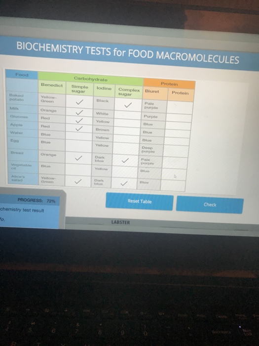 BIOCHEMISTRY TESTS for FOOD MACROMOLECULES Carbohydrate Benedict Simplodine Complox BiurtProtein sugar sugar ellow- Black wnito purple Purple Blue Blue Rod Water Blue Orange Reset Table Check PROGRESS: 72% chemistry test result o. BSTER