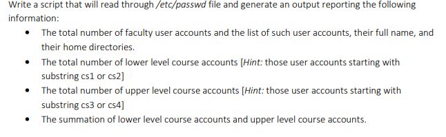 Write a script that will read through /etc/passwd file and generate an output reporting the following information: The total