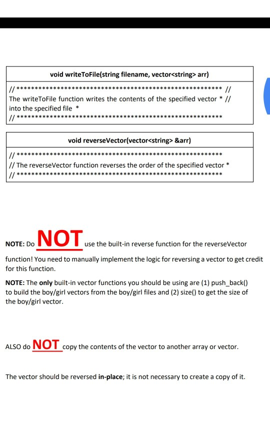 void writeToFile(string filename, vector<string> arr) The writeToFile function writes the contents of the specified vector in