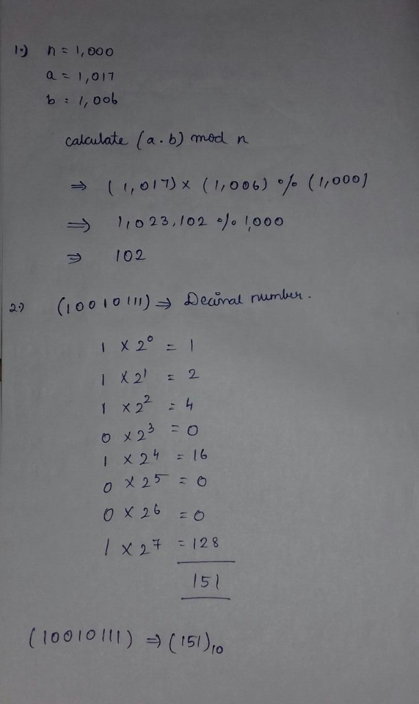 Solved 1 Suppose N 1 000 1 017 B 1 006 Use Identity Modular Arithmetic Calculate Head B Mod N 2 S Q