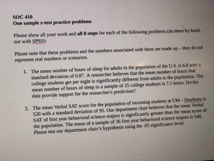 Solved Soc 410 One Sample Z Test Practice Problems Please