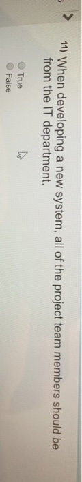 11) When developing a new system, all of the project team members should be from the IT department. True False