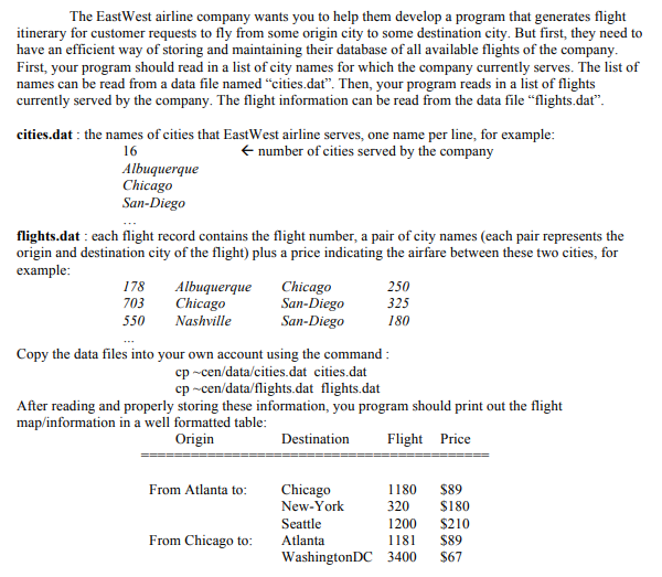The EastWest airline company wants you to help them develop a program that generates flight itinerary for customer requests t