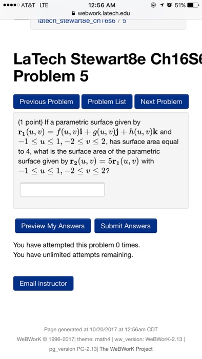 Solved 1 Point If A Parametric Surface Given By R1 U V Chegg Com