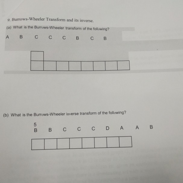 9. Burro ws-Wheeler Transform and its inverse. (a) What is the Burrows-Wheeler transform of the following? (b) What is the Burrows-Wheeler inverse transform of the following? A B
