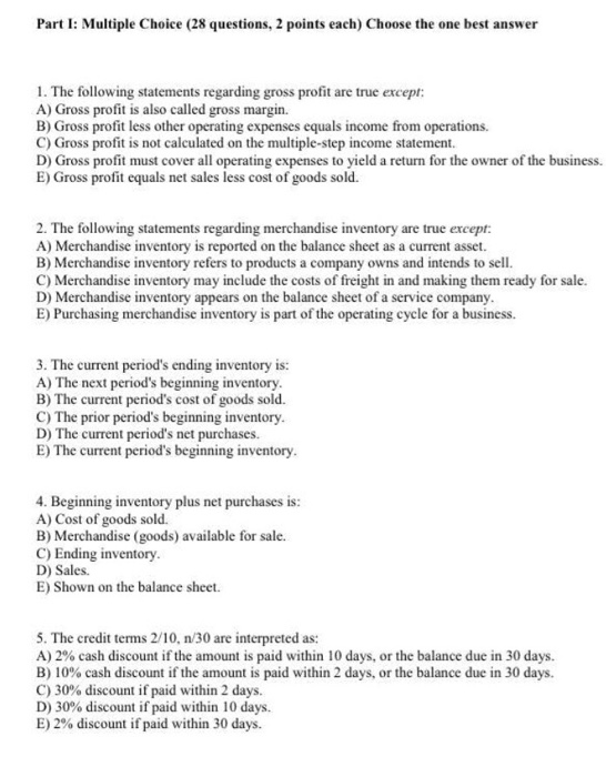 Solved Part I Multiple Choice (28 Questions, 2 Points Ea