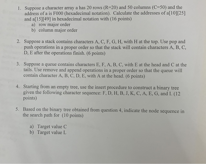 Suppose a character array a has 20 rows (R-20) and 50 columns (C-50) and the address of a is F000 (hexadecimal notation). Cal