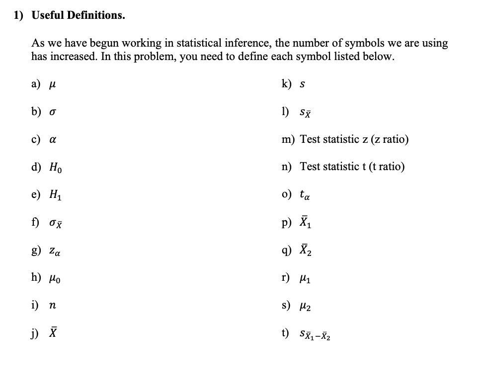 Solved 1) Useful Definitions. As we have begun working in | Chegg.com