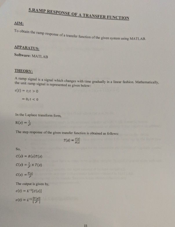 Solved 5.RAMP RESPONSE OF A TRANSFER FUNCTION AIM: To obtain | Chegg.com