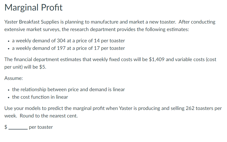 Solved Marginal Profit Yaster Breakfast Supplies is planning