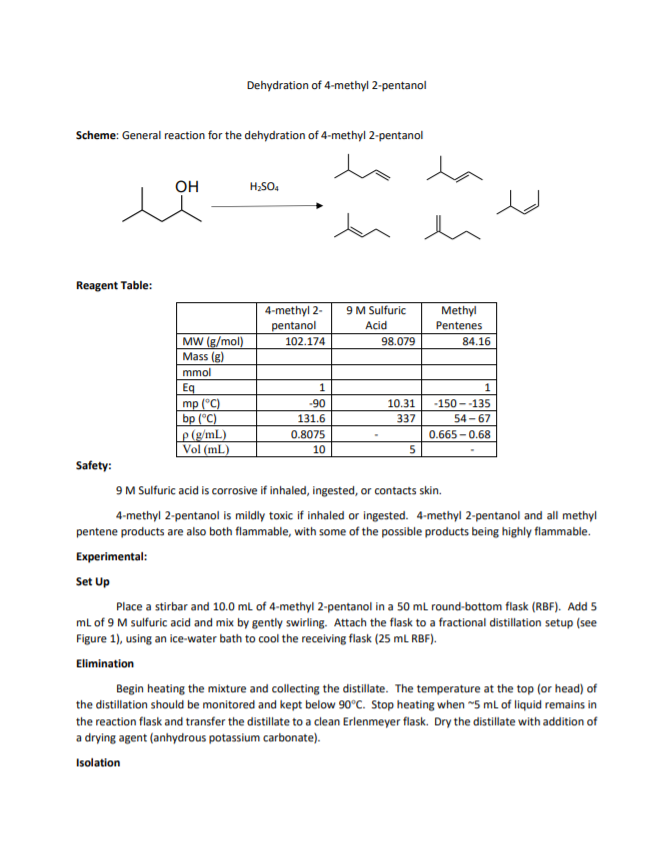 Solved Dehydration of 4methyl 2pentanol Scheme General