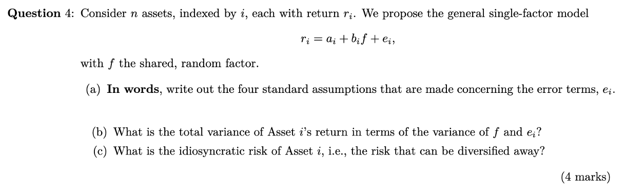 Solved Question 4: Consider n assets, indexed by i, each | Chegg.com