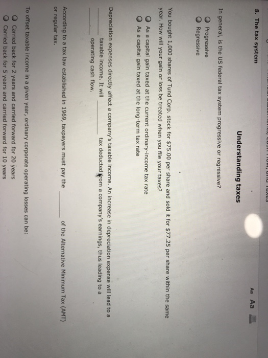 Solved 8. The tax system Aa Aa E Understanding taxes In | Chegg.com