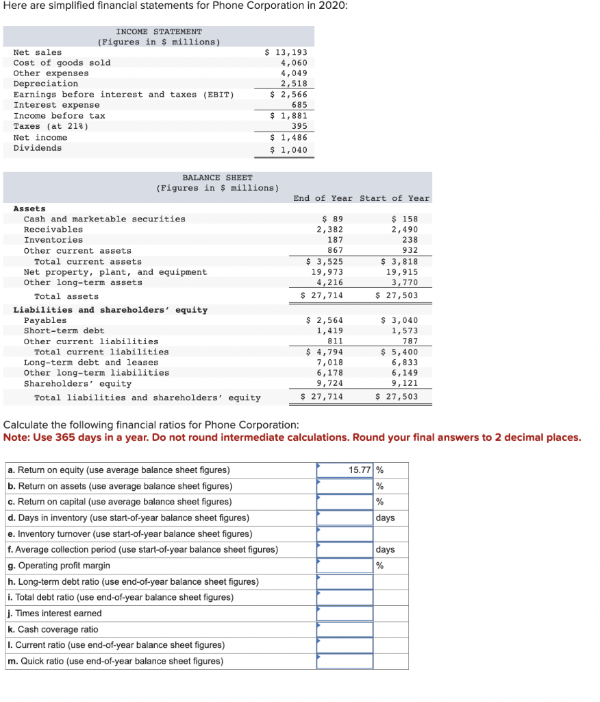 Solved Calculate the following financial ratios for Phone | Chegg.com