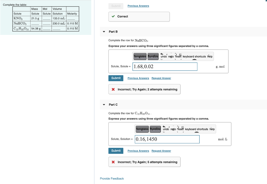 Solved Submit Previous Answers Complete the table Mass Chegg