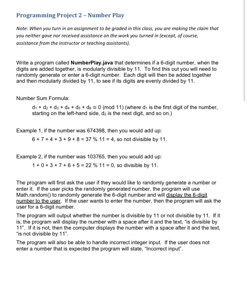 Solved Programming Project 2 - Number Play Note: When you | Chegg.com