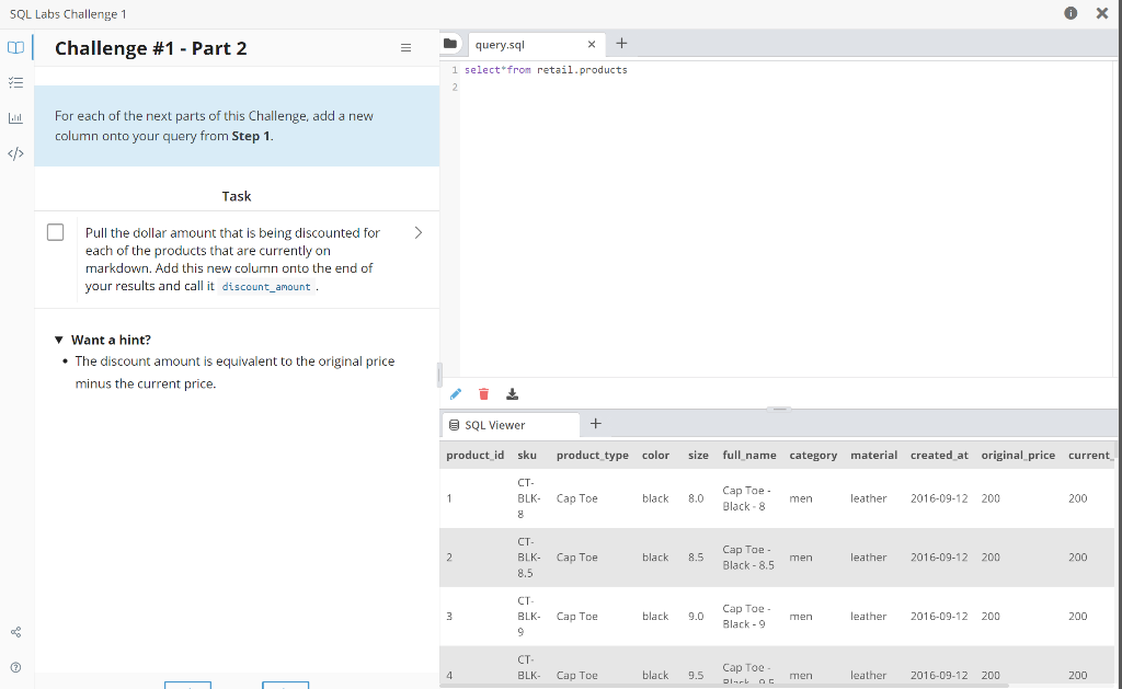 Solved SQL Labs Challenge 1 X query.sql + Challenge #1 - | Chegg.com