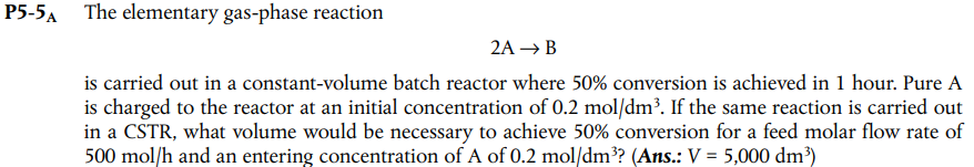 Solved The Elementary Gas-phase Reaction 2 A→B Is Carried | Chegg.com