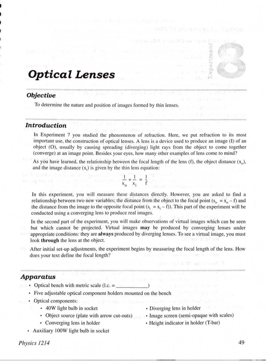 Solved Experiment Optical Lenses Objective To determine the